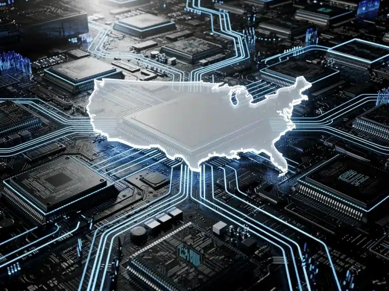 Advanced semiconductor chips and US map outline, symbolizing national tech resilience