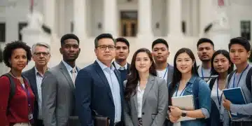 Diverse group of people symbolizing inclusion, with courthouse in background