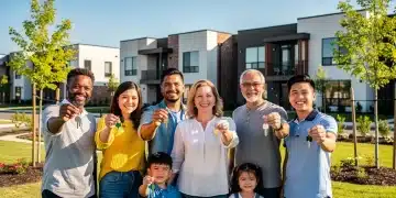 Diverse families celebrating new homeownership in front of an affordable housing community.