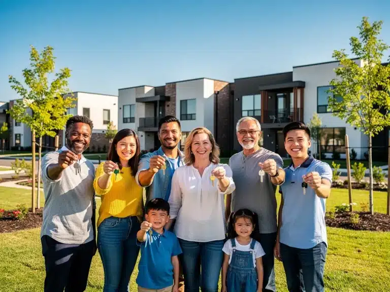 Diverse families celebrating new homeownership in front of an affordable housing community.