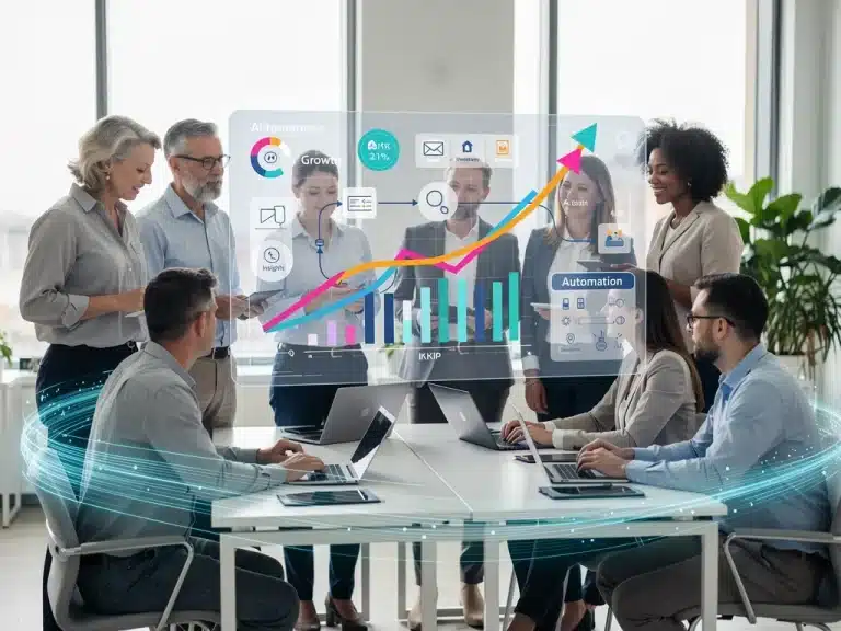 Small business owners reviewing AI automation dashboards for efficiency