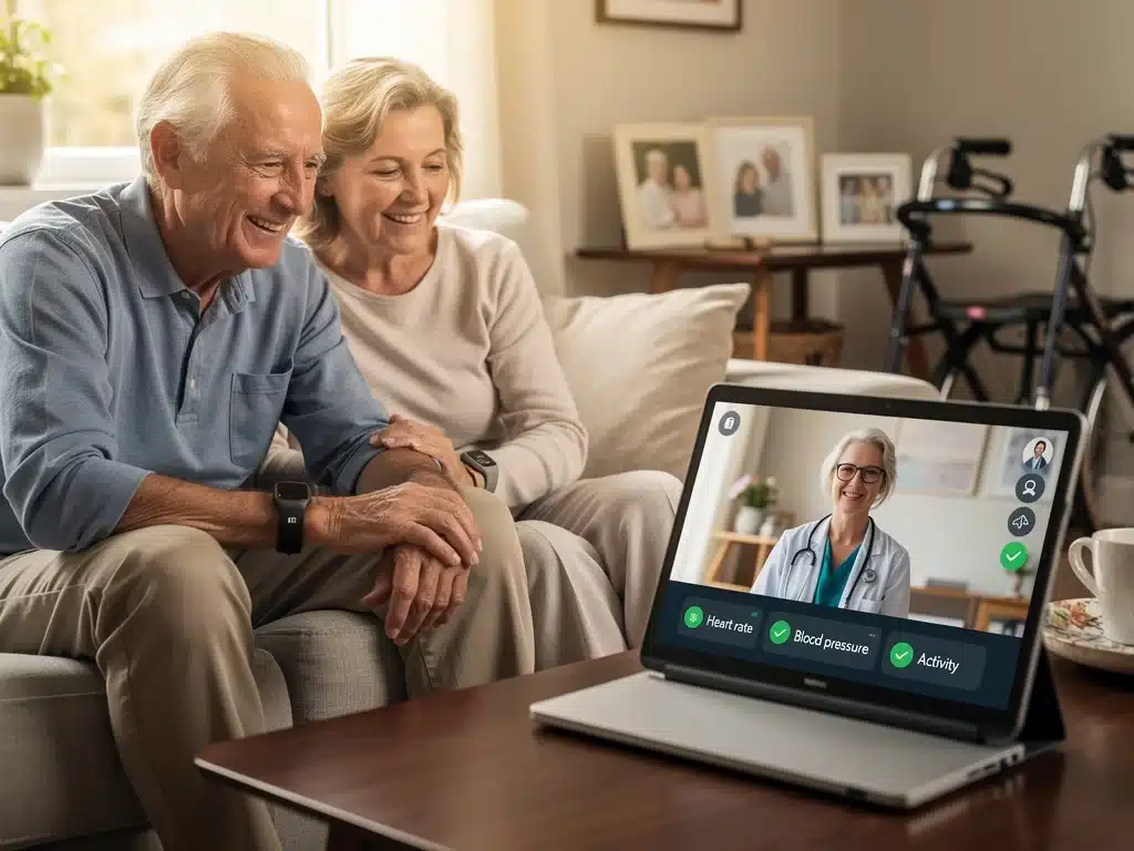 Elderly couple receiving AI-assisted remote healthcare through a smart display.