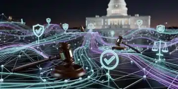 AI Ethics 2026: Navigating US Regulations & Compliance Updates Futuristic AI network with legal symbols and U.S. Capitol, representing AI ethics and compliance in 2026.