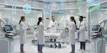 AI-powered diagnostic tools in a modern U.S. healthcare facility, showing data analysis.