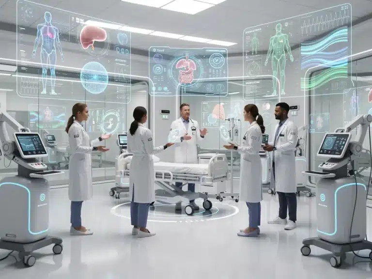 AI-powered diagnostic tools in a modern U.S. healthcare facility, showing data analysis.