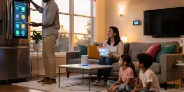 Family engaging with AI-powered smart home devices in a modern living room.
