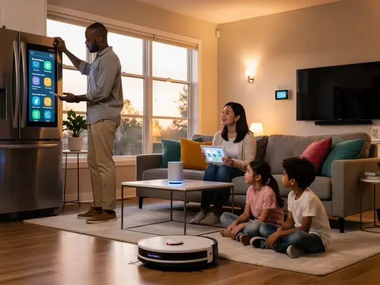 Family engaging with AI-powered smart home devices in a modern living room.