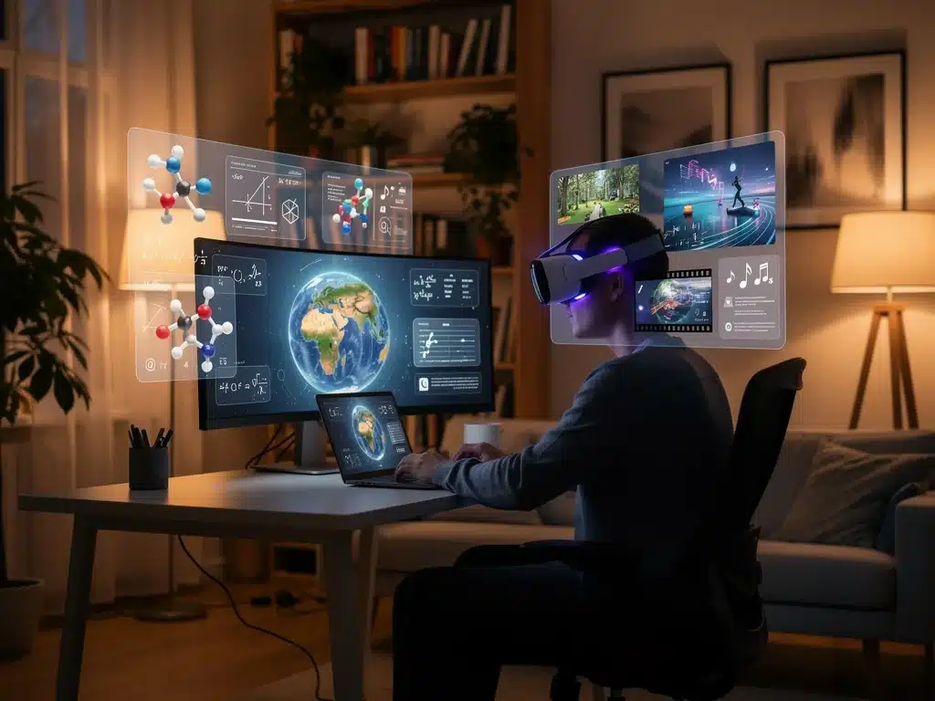 Person using VR headset for AI-driven personalized learning or entertainment at home.