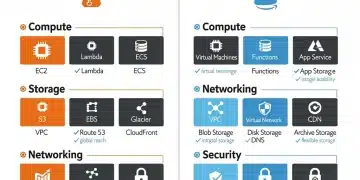 Infographic comparing AWS and Azure features like compute, storage, and networking, illustrating key differences for enterprise cloud adoption.