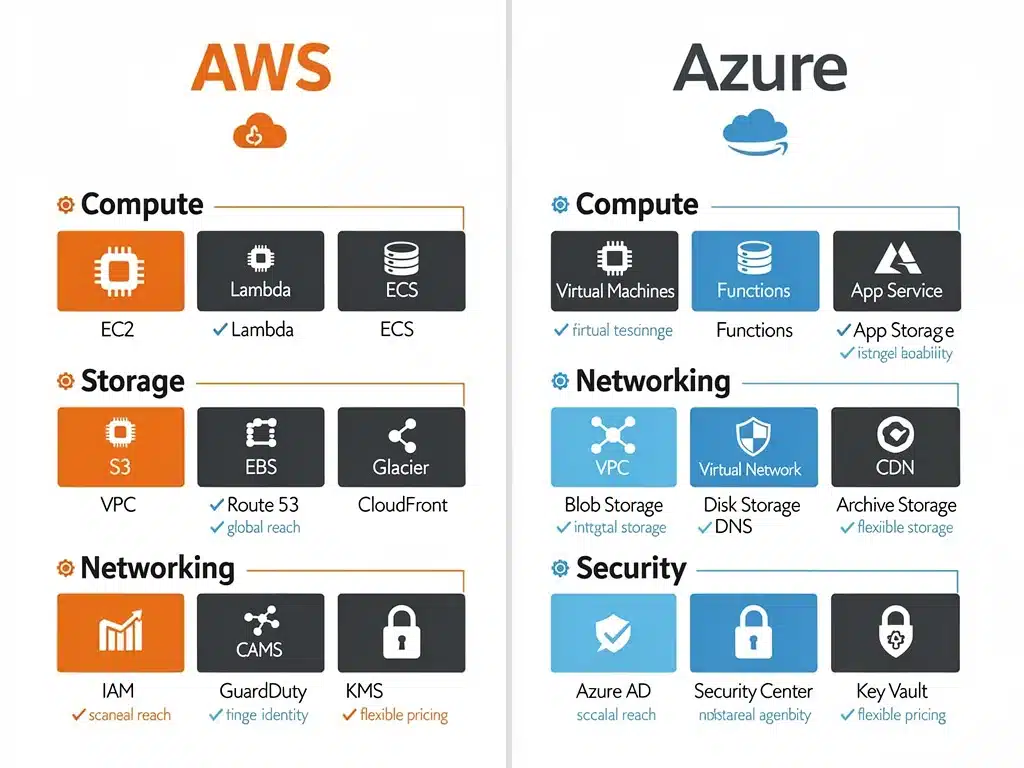 Infographic comparing AWS and Azure features like compute, storage, and networking, illustrating key differences for enterprise cloud adoption.