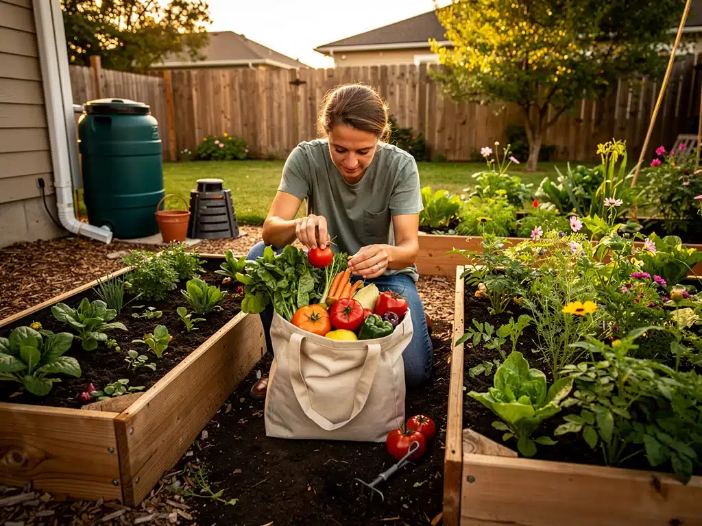 Person harvesting vegetables from a backyard garden with a rain barrel