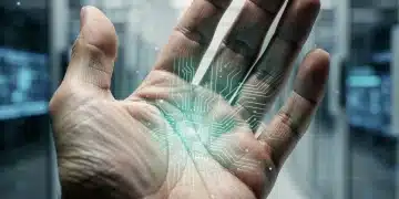 Bio-Integrated Tech: U.S. Innovators' 2027 Critical Insights Human hand with bio-integrated technology, showing futuristic glowing circuits under the skin against a high-tech background.