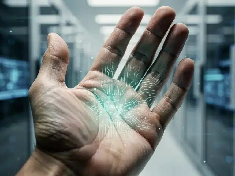 Human hand with bio-integrated technology, showing futuristic glowing circuits under the skin against a high-tech background.