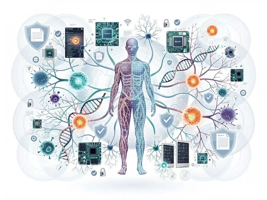 Interconnected biological and technological elements representing regulatory and ethical challenges in bio-integrated tech.