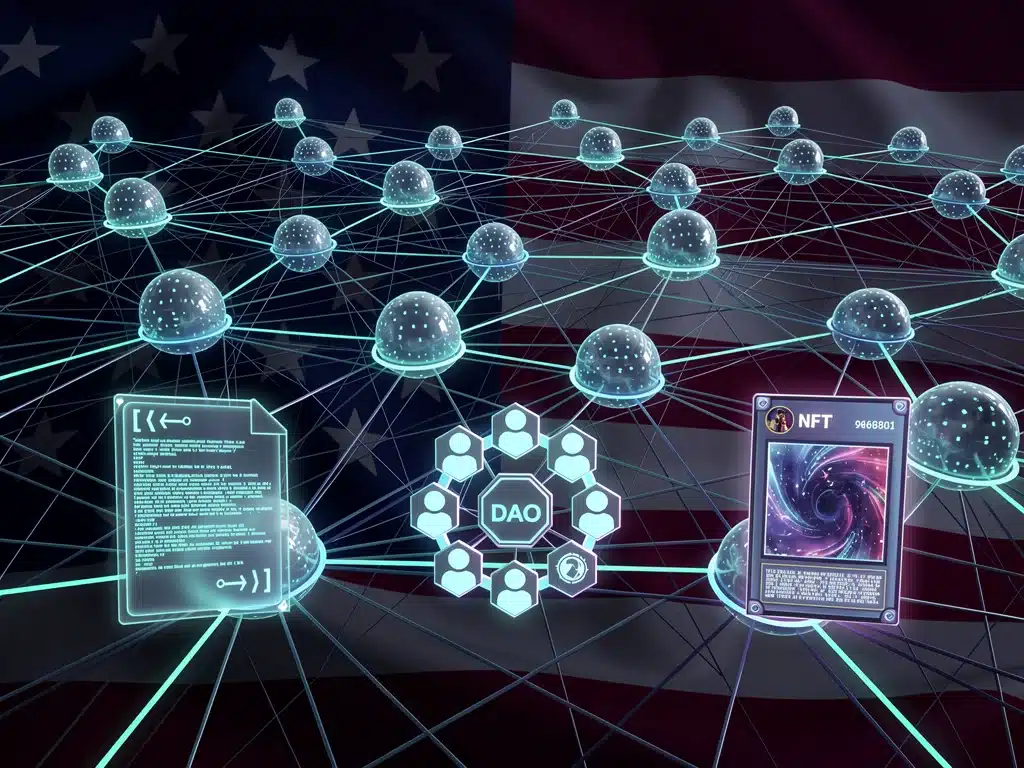 Blockchain network illustration showing interconnected nodes and Web3 components