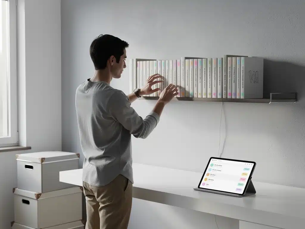 Person organizing books with digital tools on a minimalist shelf