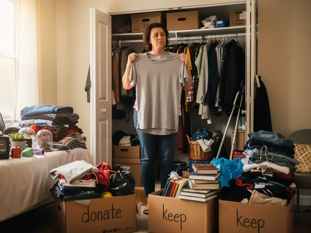 Woman organizing and decluttering a messy closet.