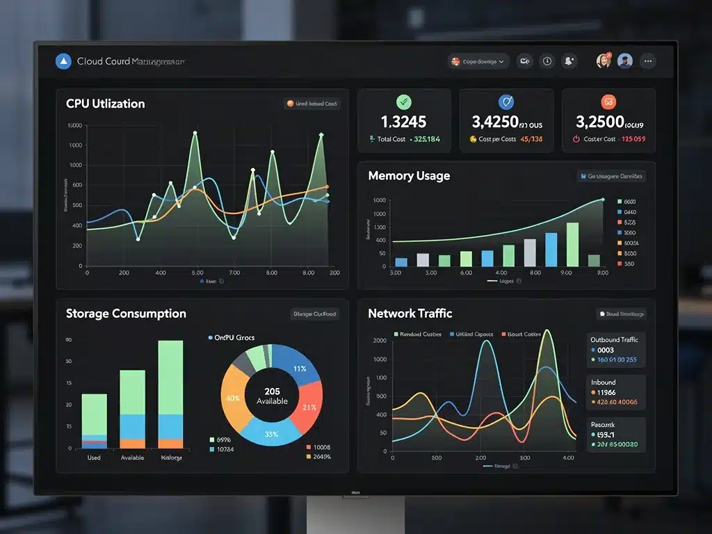 Cloud resource monitoring dashboard showing utilization metrics and cost implications.