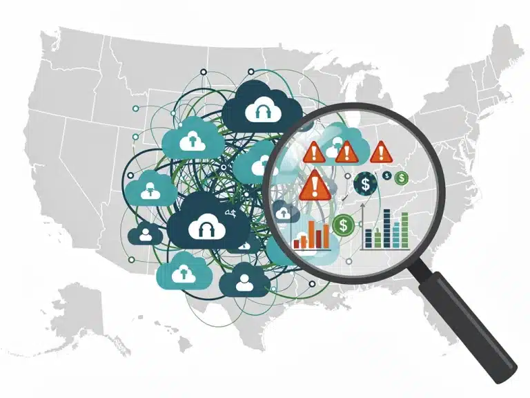 Illustration of cloud sprawl with intertwined cloud icons and a magnifying glass revealing cost inefficiencies.