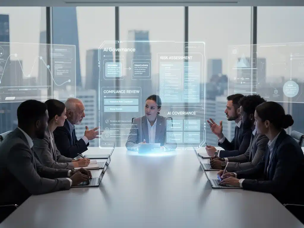 Diverse team discussing AI regulations and compliance documents.