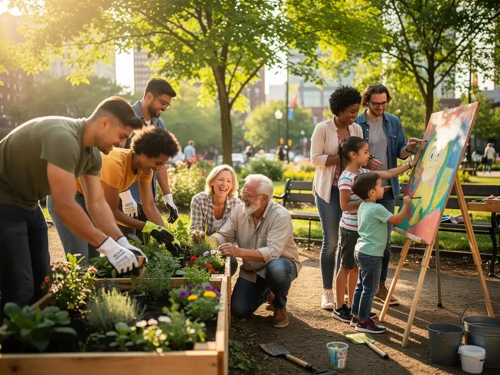 Diverse group of people laughing while tending to a community garden, illustrating the social benefits of shared hobbies.