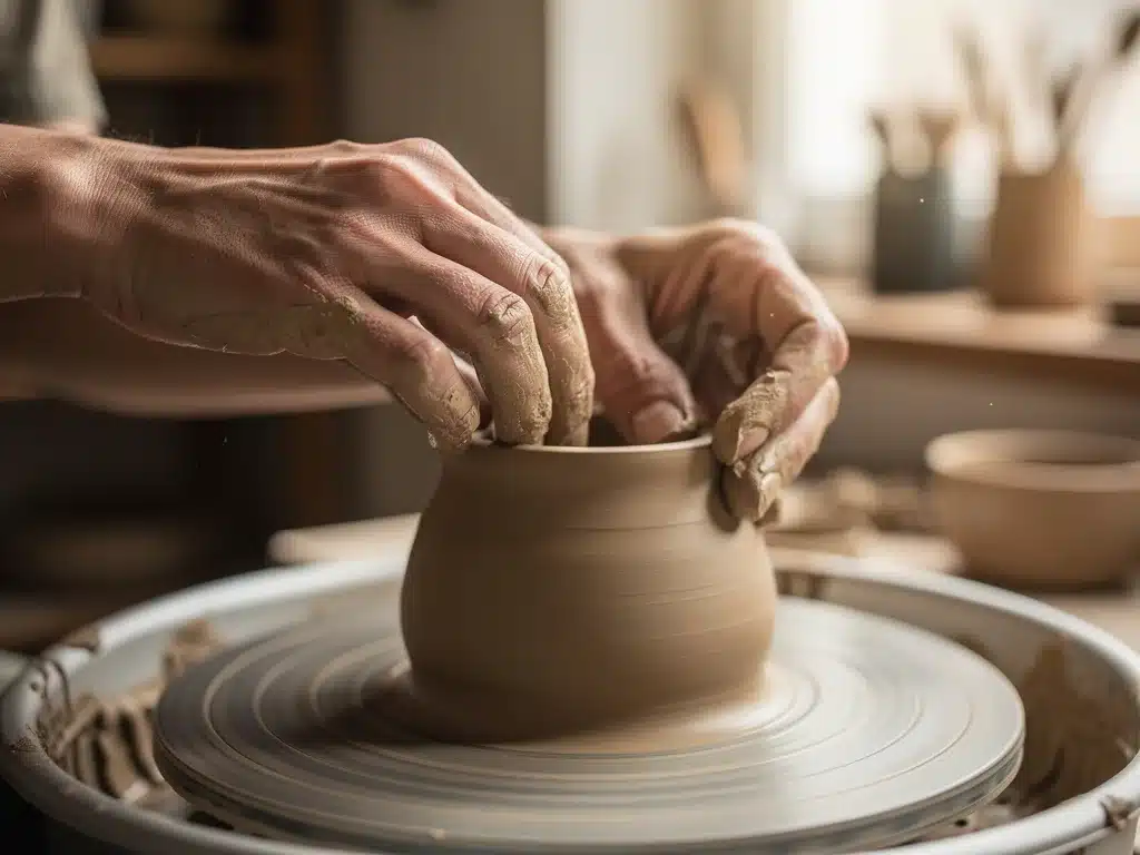 Hands meticulously crafting a ceramic piece on a pottery wheel, highlighting focus and artistic expression.