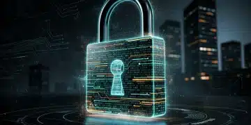 Digital padlock formed by code lines, symbolizing cybersecurity protection for businesses.