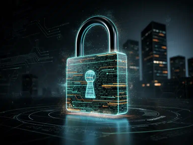 Digital padlock formed by code lines, symbolizing cybersecurity protection for businesses.