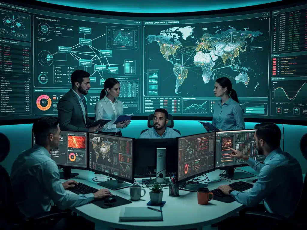 Cybersecurity team monitoring industrial IoT network threats