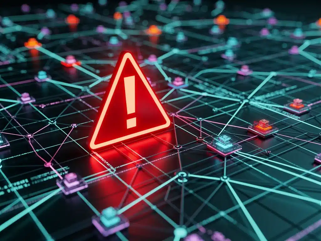 Digital network with alert symbol, indicating data breach risk.