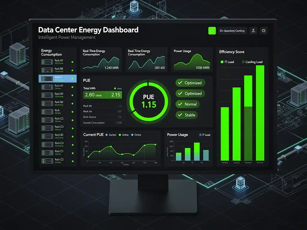 Data center energy monitoring dashboard showing PUE and consumption