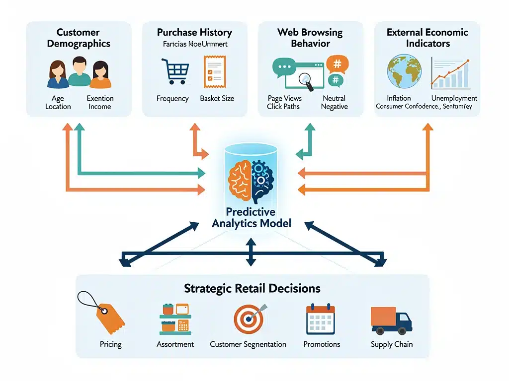 Infographic illustrating diverse data inputs for retail predictive analytics.