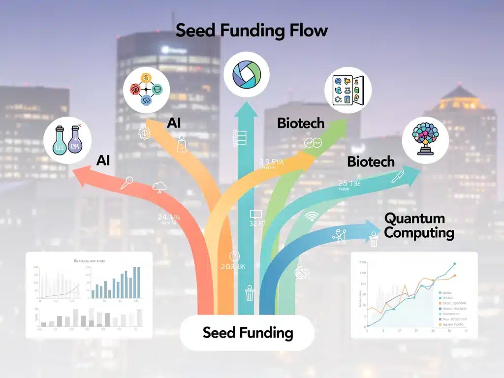 Infographic showing seed funding flow into AI, biotech, quantum computing, illustrating financial impact.