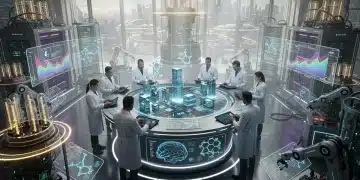 Futuristic lab with scientists, advanced tech, and holographic displays, representing deep tech innovation and seed funding.