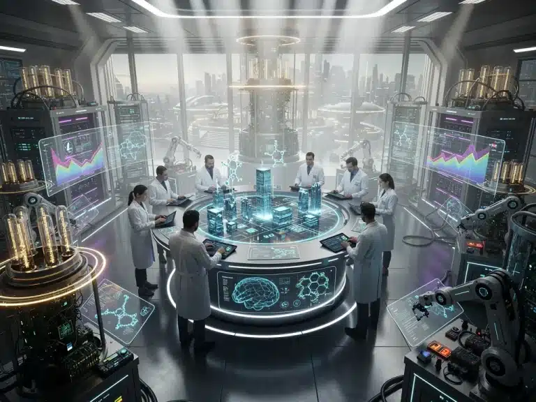 Futuristic lab with scientists, advanced tech, and holographic displays, representing deep tech innovation and seed funding.