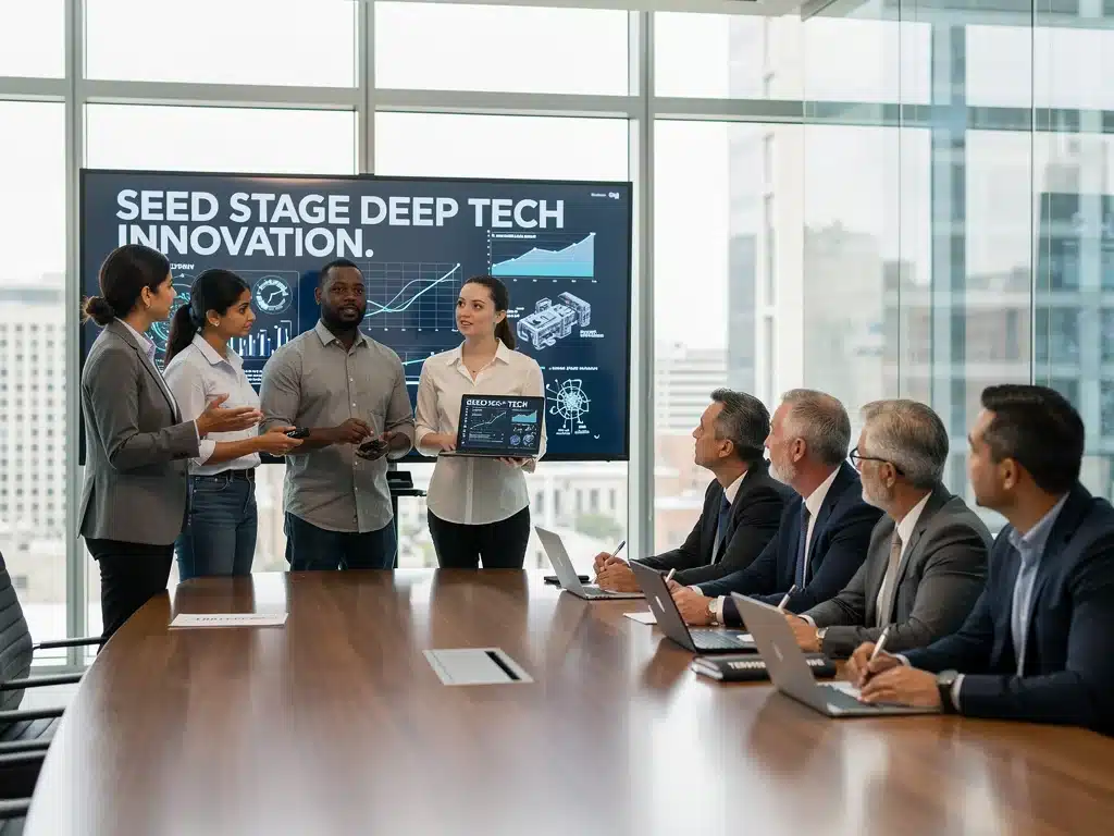 Entrepreneurs pitching deep tech startup to venture capitalists for seed funding.