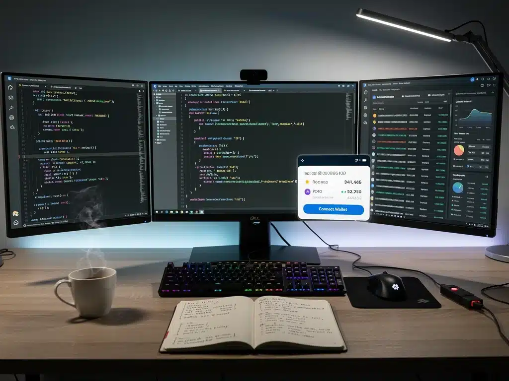 Developer's desk with code, blockchain explorers, and dApp interface