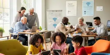 Bridging Digital Divide: Solutions for US Communities by 2026 Diverse community members engaging with technology, symbolizing digital inclusion