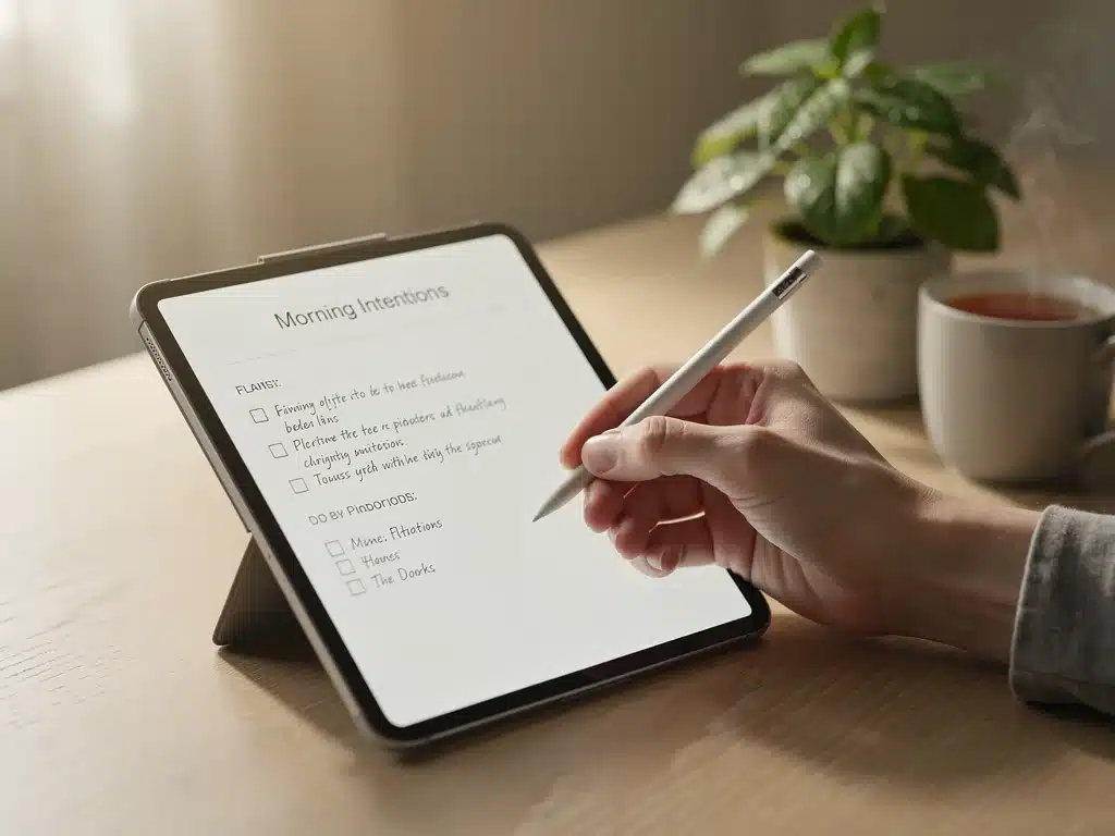 Hand journaling in digital notebook during morning routine