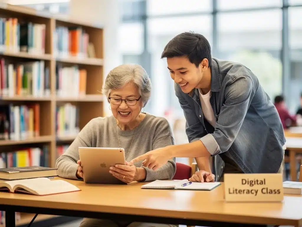 Elderly woman learning tablet from volunteer in library