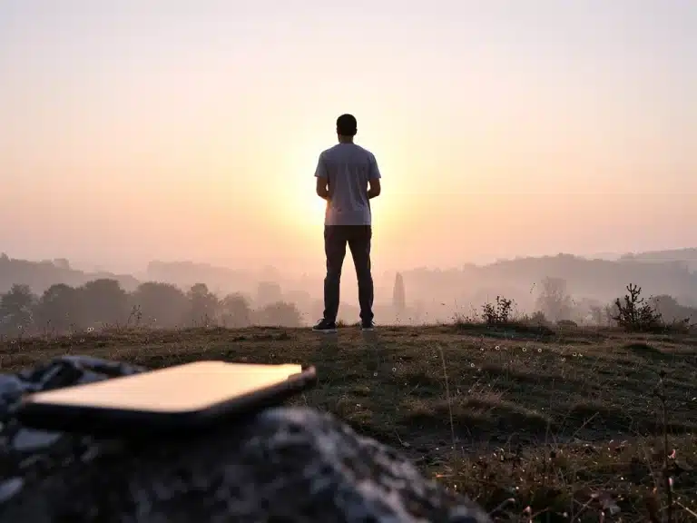 Person enjoying sunrise, symbolizing digital well-being and screen time reduction