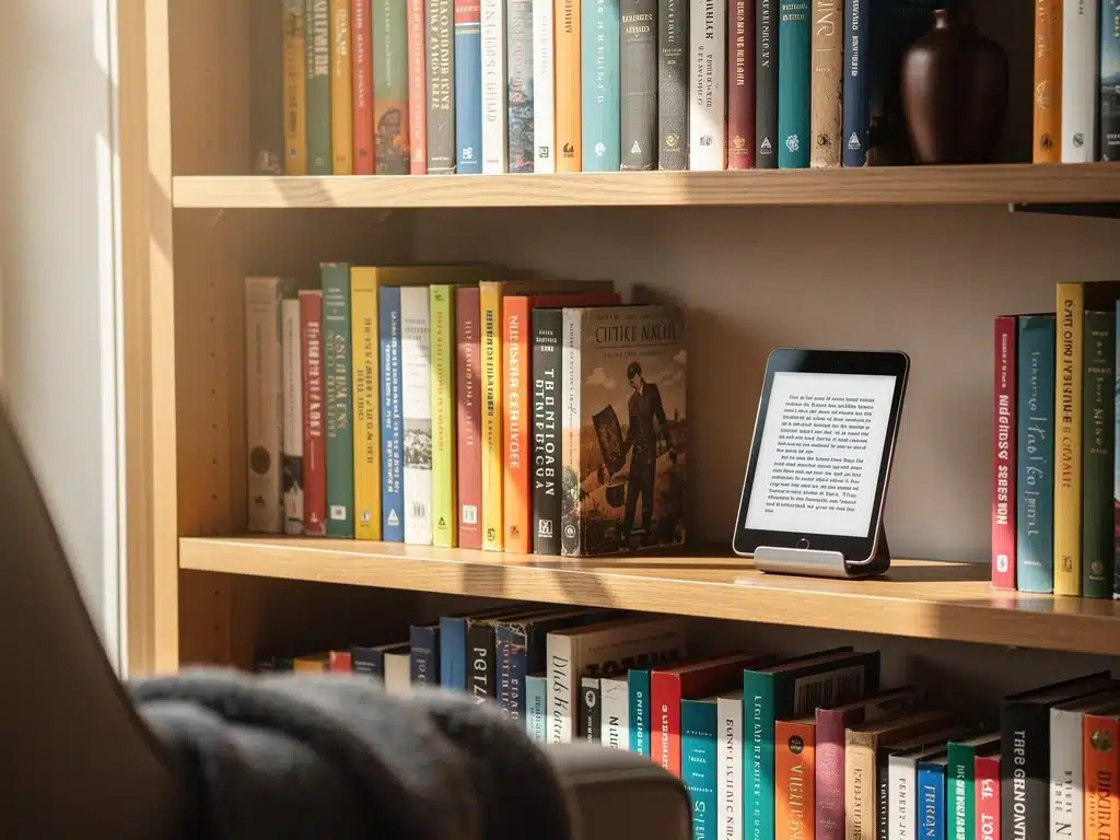 Diverse book collection with physical and e-books on a shelf