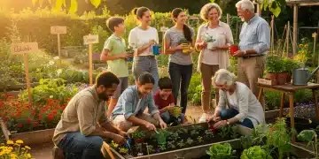 Diverse community members engaging in a vibrant community garden, fostering connections