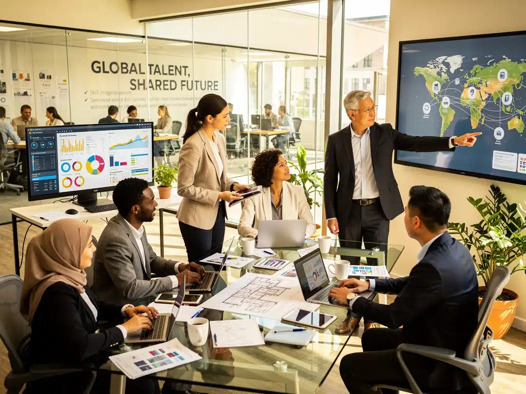 Diverse professionals collaborating in a modern office, symbolizing a skilled workforce.