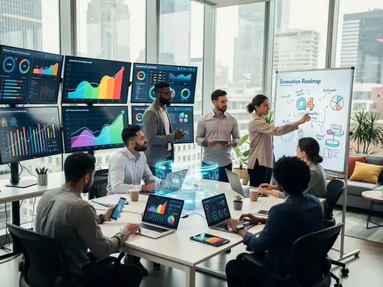 Diverse tech team collaborating in a modern office, symbolizing innovation and growth.