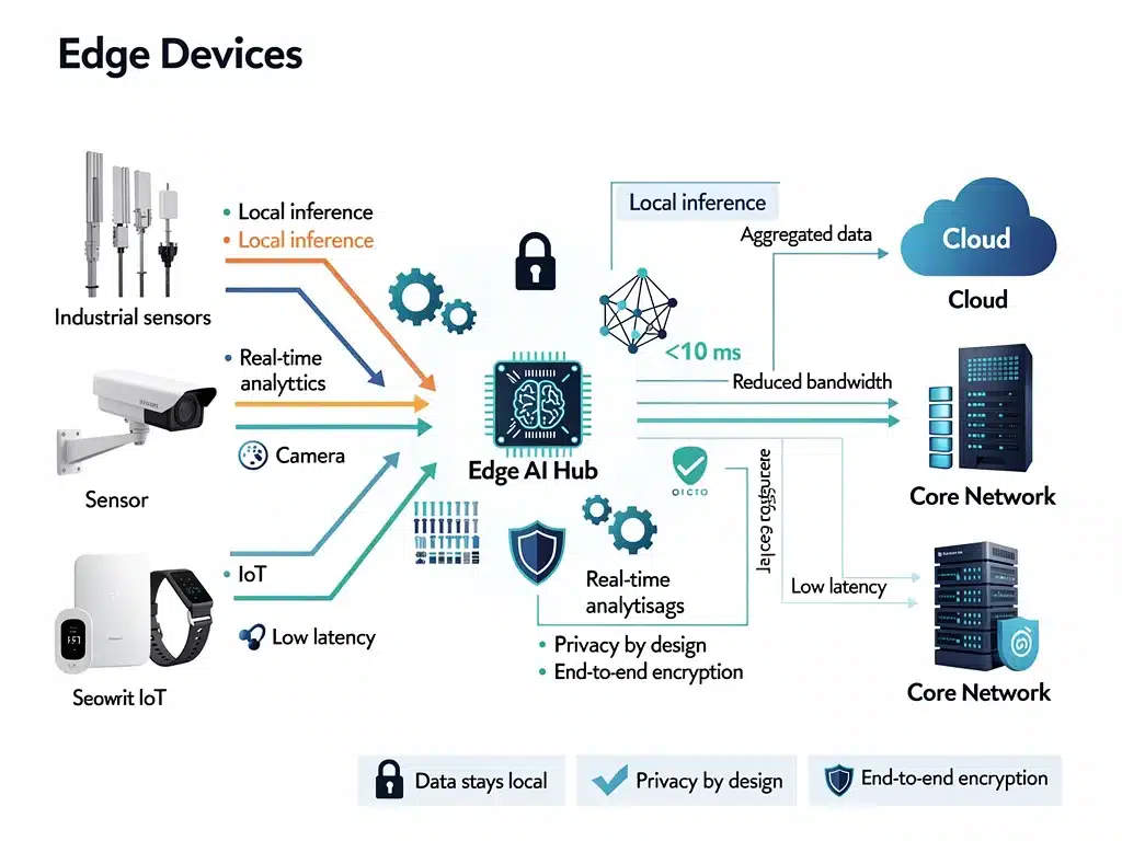 Infographic illustrating data flow from edge devices to a local processing hub for Edge AI.