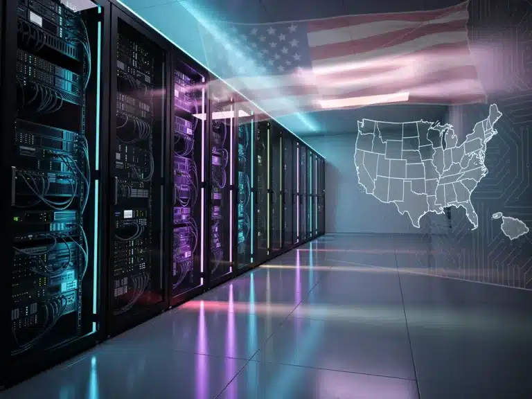 Futuristic server room with glowing lights symbolizing Edge AI deployment for U.S. enterprises.
