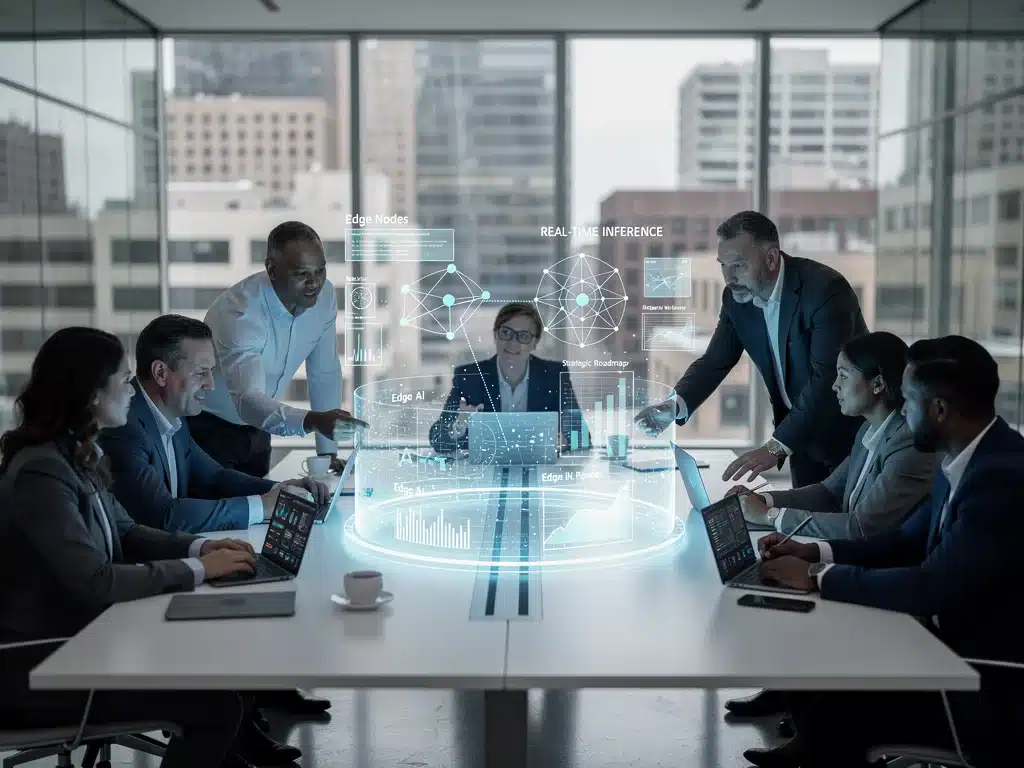 Business professionals collaborating on holographic display showing Edge AI analytics and strategy.
