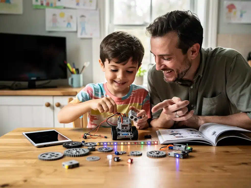 Parent and child building with educational toys