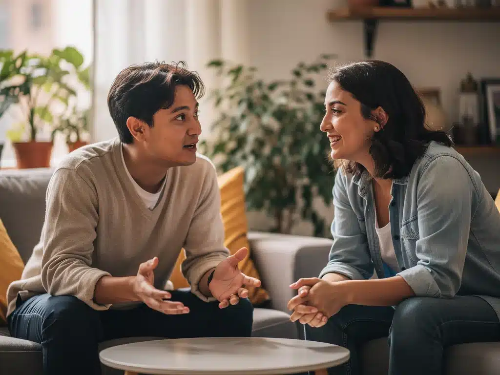 People engaging in empathetic communication, one speaking openly, the other listening attentively.